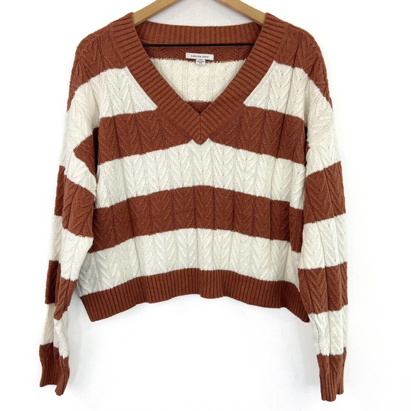 American Eagle Outfitters Sweaters - American Eagle Cable Knit V Neck Striped Cropped Oversized Sweater size Large